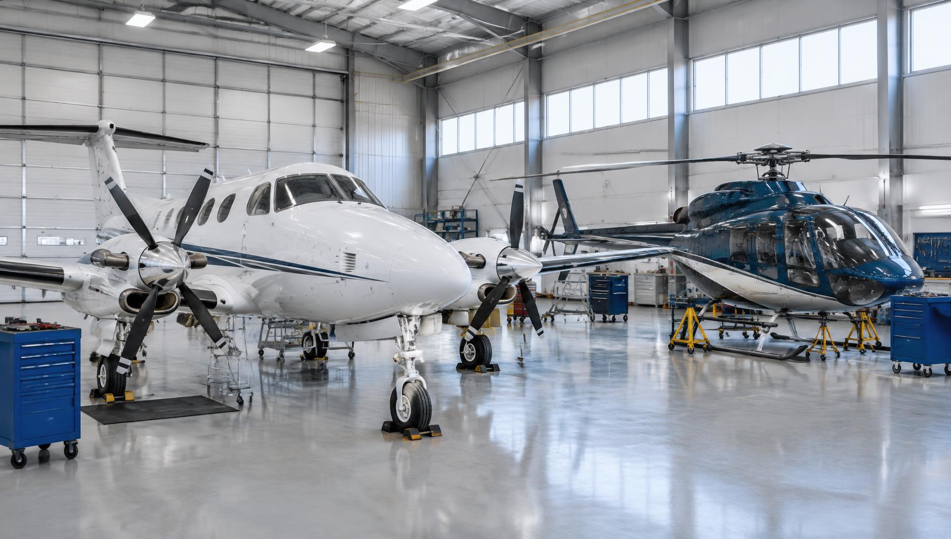 A turboprop aircraft and a helicopter inside a bright general aviation maintenance hangar