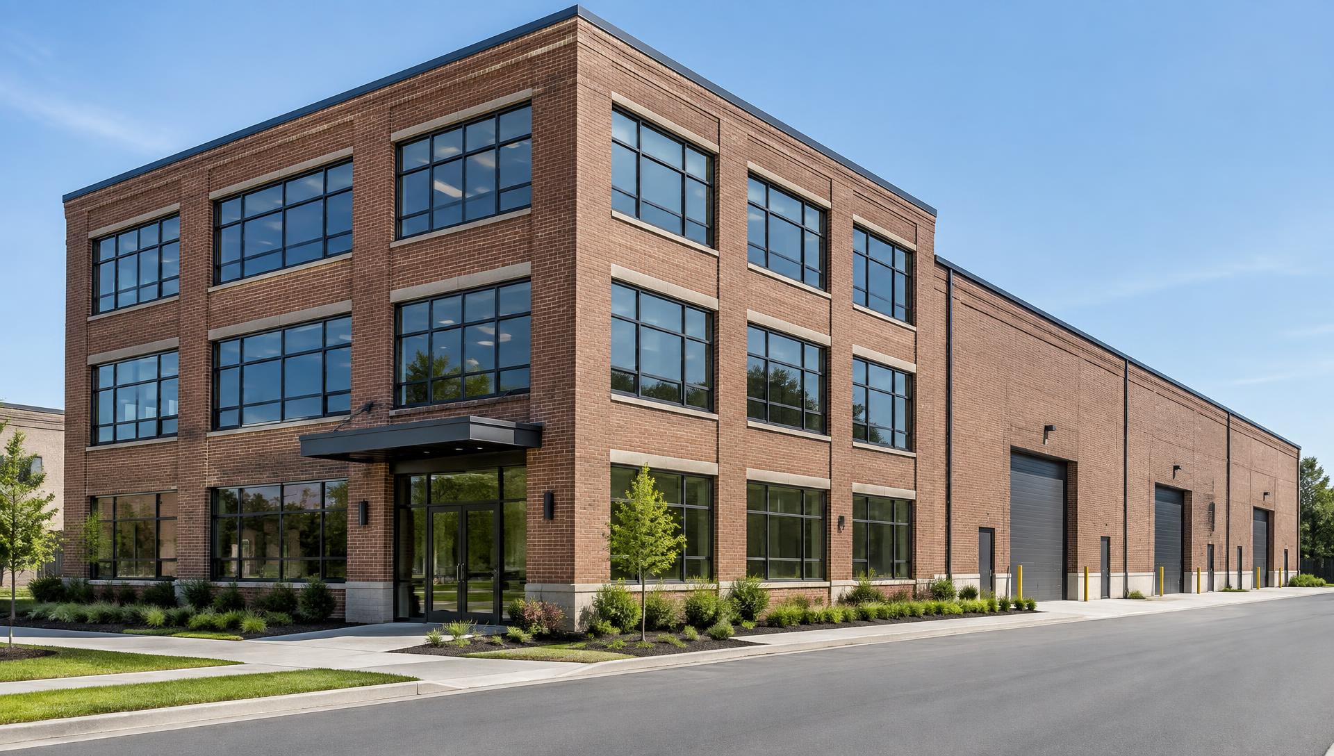A brick commercial office and warehouse building on a quiet street in clear daylight