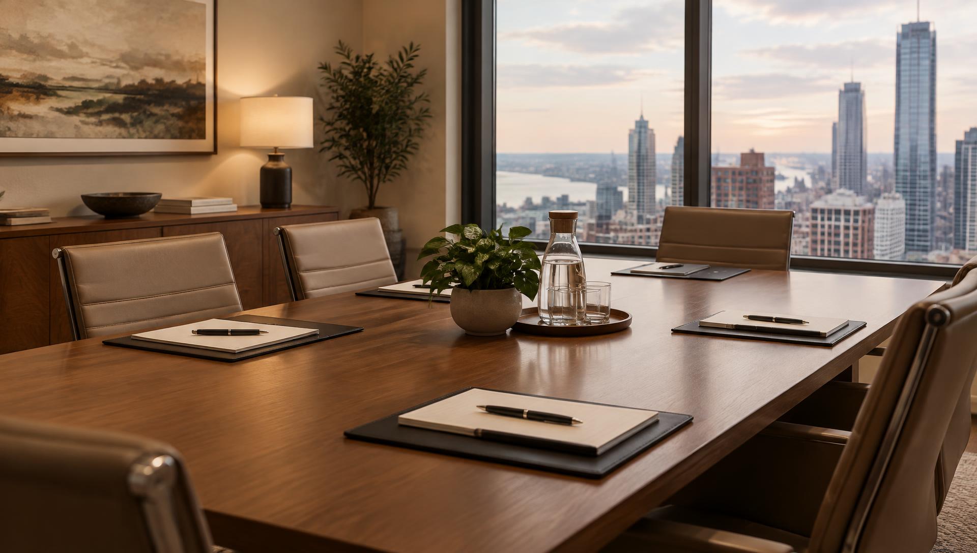 A quiet boardroom table with documents and a city view at dusk