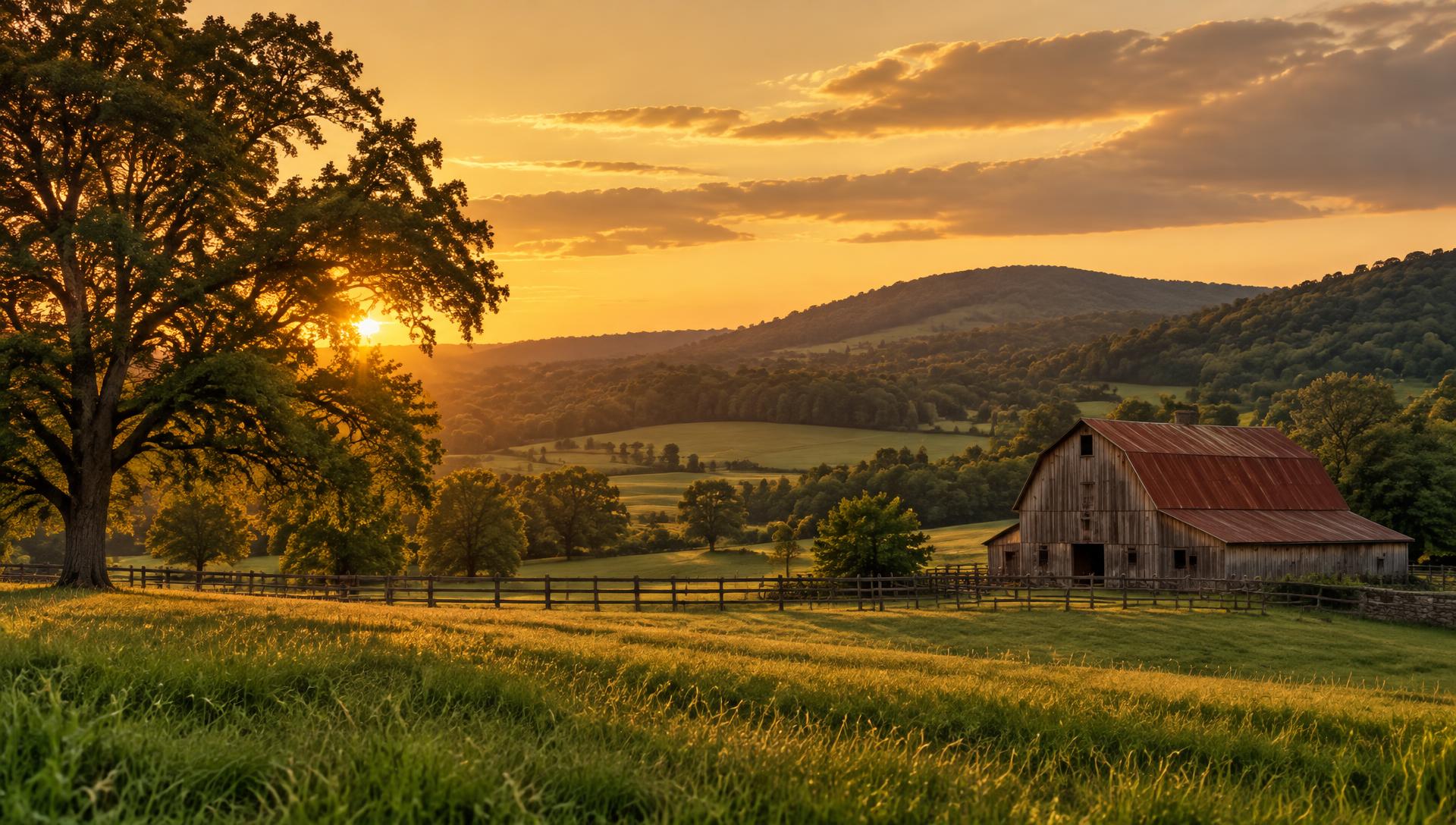 Rolling farmland with a barn at golden hour