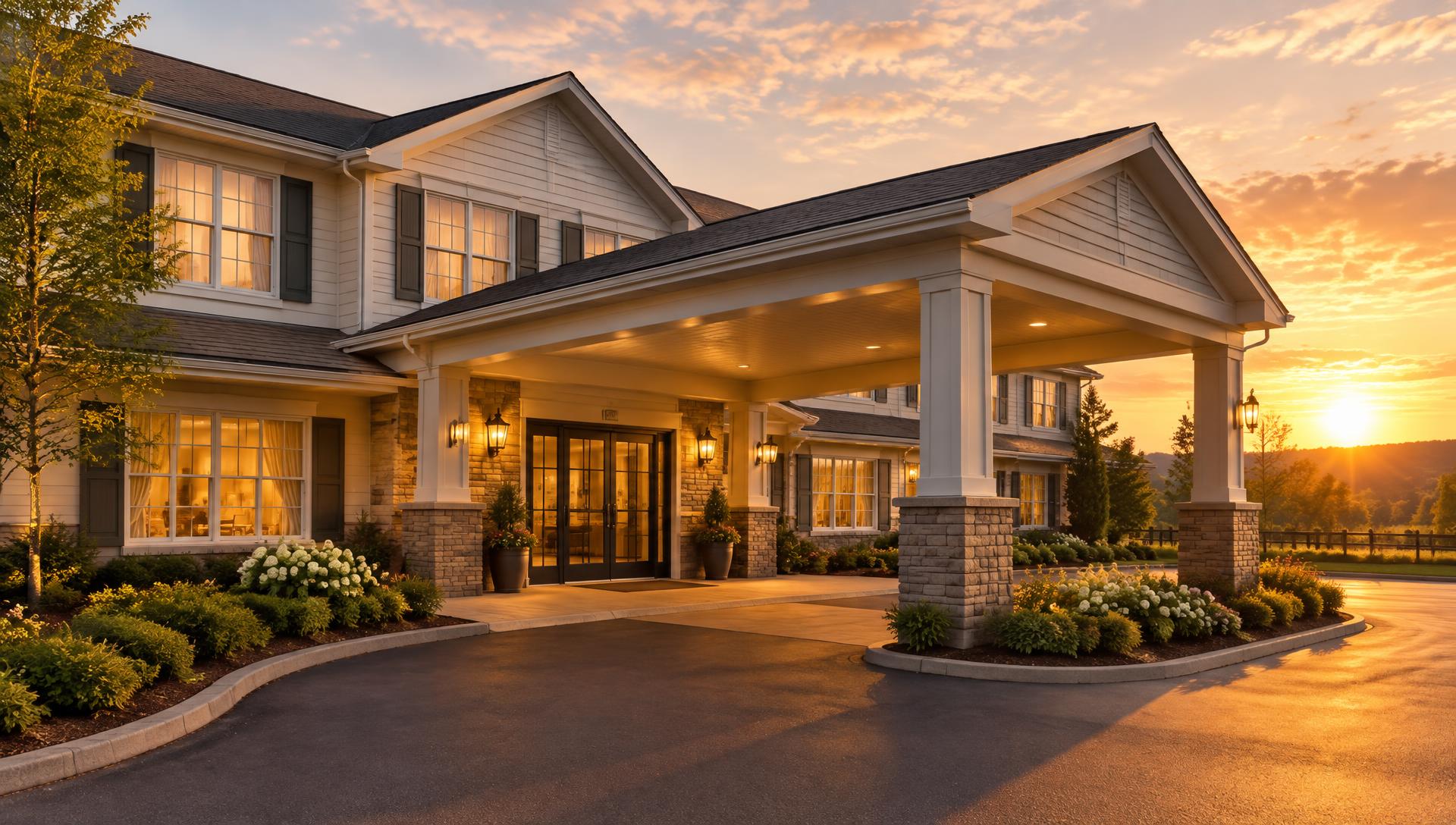 A small two-story inn with a porte-cochere entrance at golden hour