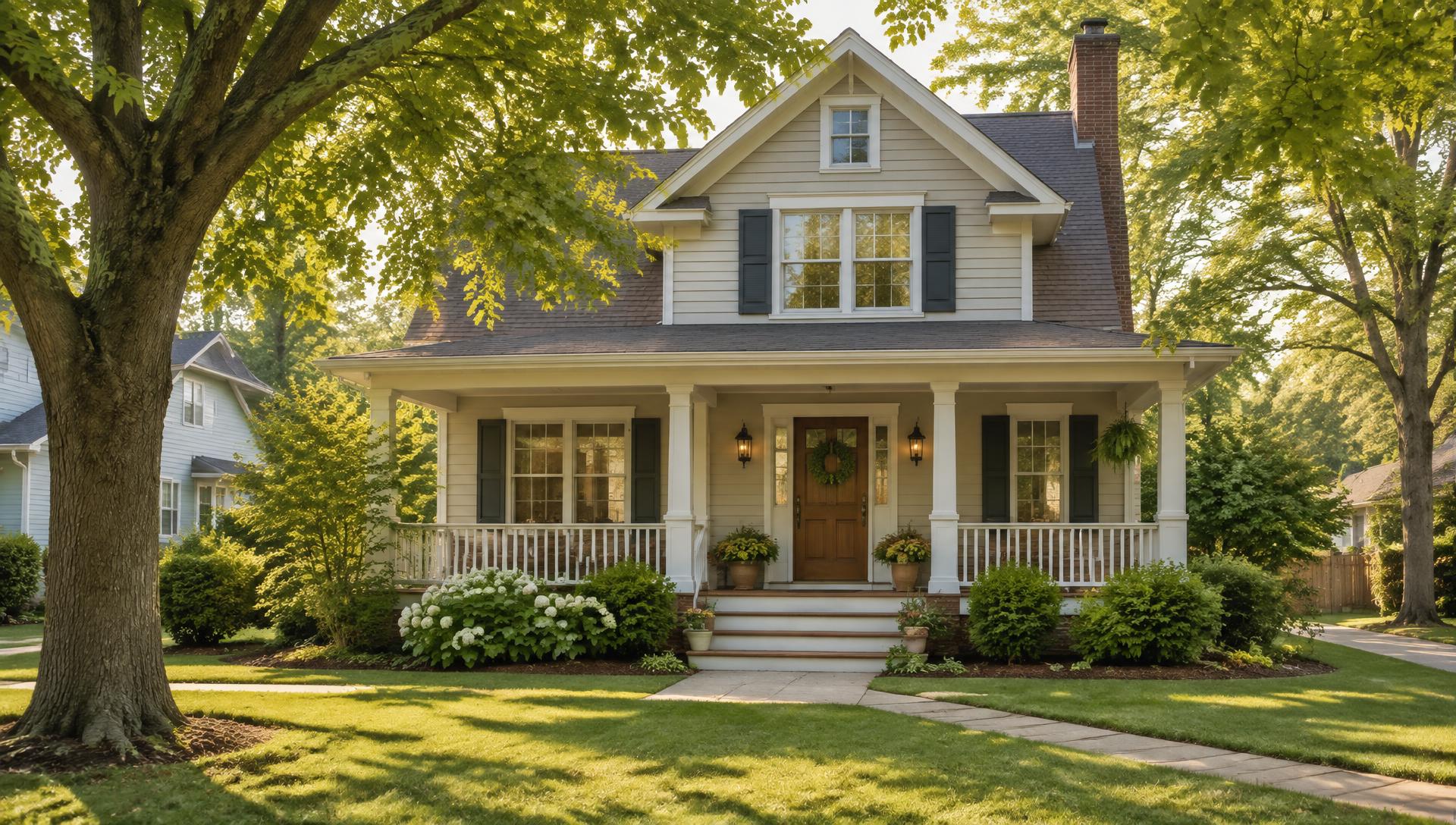 A well-kept family house with a front porch and mature trees in afternoon light